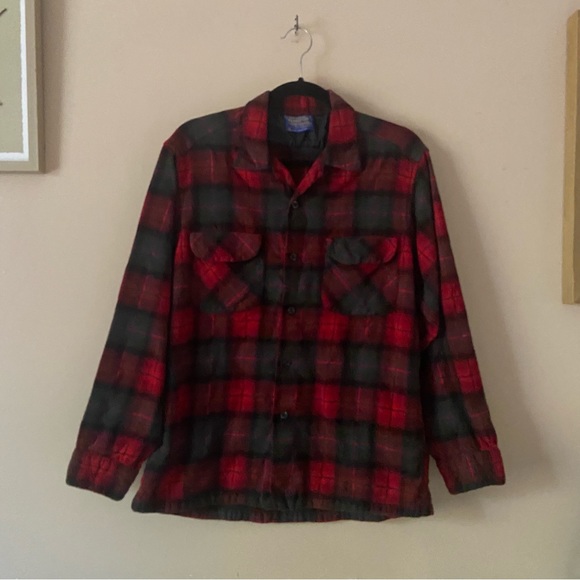 Pendleton• vintage red green wool flannel plaid button up shirt - Picture 11 of 13